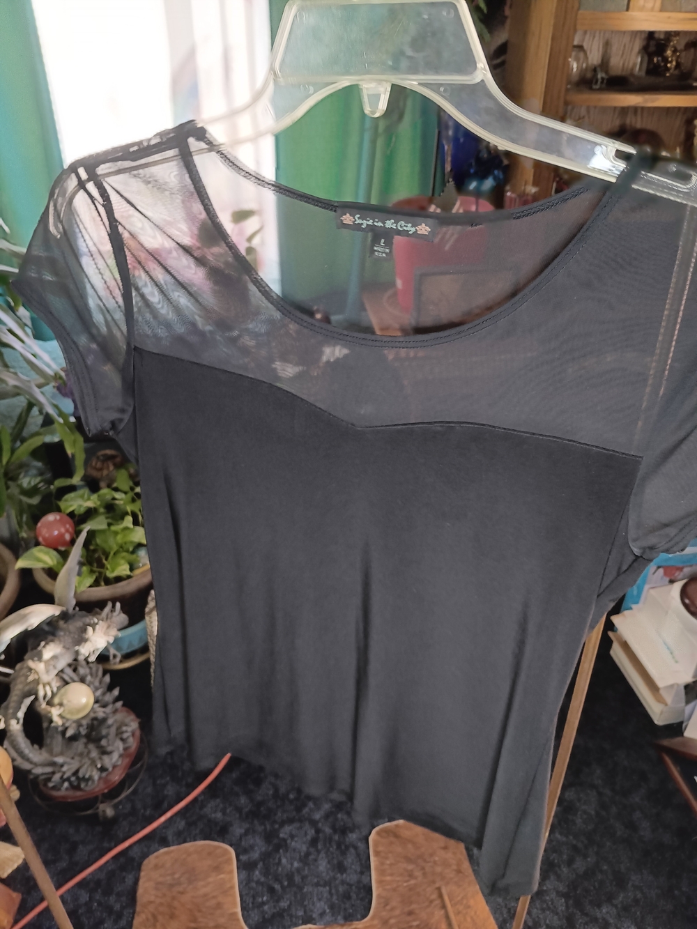 Suzie In The City Black Sheer Yoke Short Sleeve Top